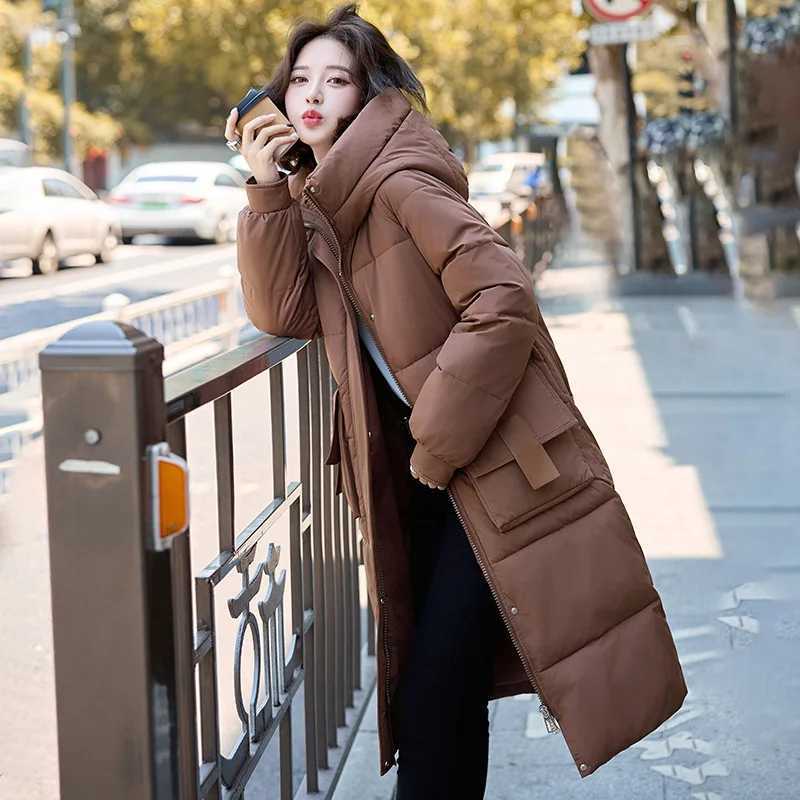 Female Hooded Cotton Down Jackets Fluff Clothing Outerwear Long Winter Maxi Long Women Coat Casual Loose Overcoat Jacket ParkaX241019