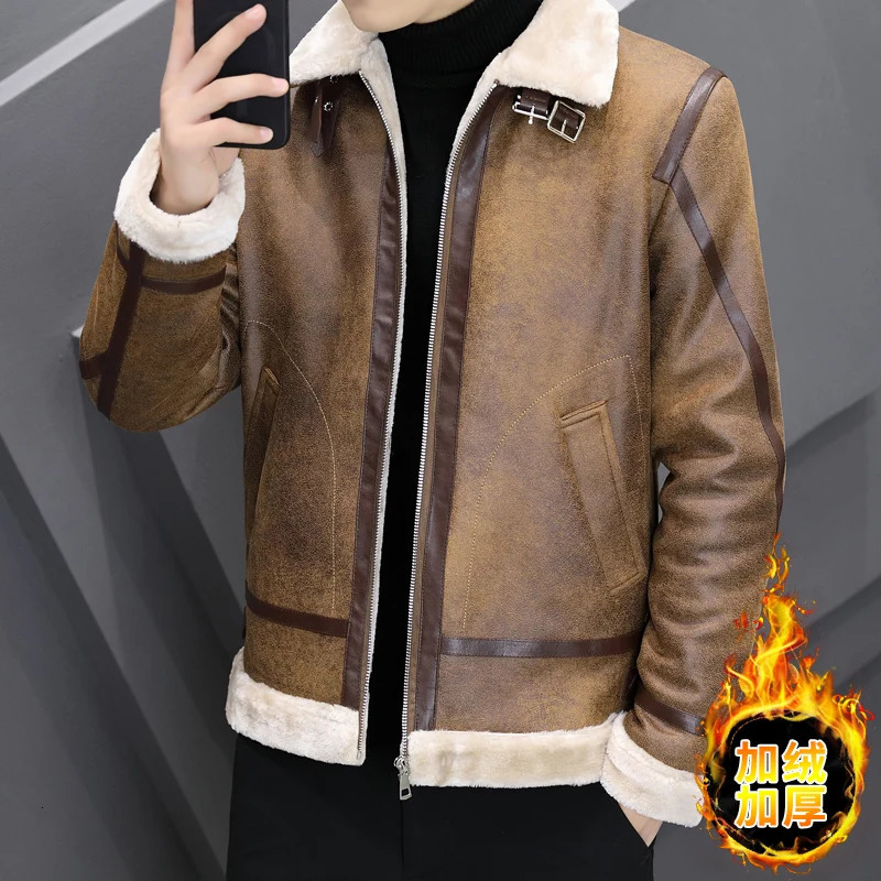 Winter Leather jacket Mens Warm Fashion Casual Thicken Lamb Wool Jacket Men Loose Thick Solid color Coats 241010
