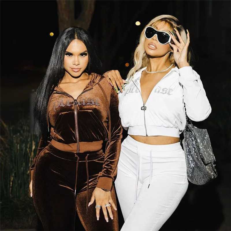 Women's Two Piece Pants Women 2 Piece Shiny Rhinestone Jackets Pants Velvet Tracksuits Hot Drilling Hooded Jacket High Waist Sweatpants Two Piece