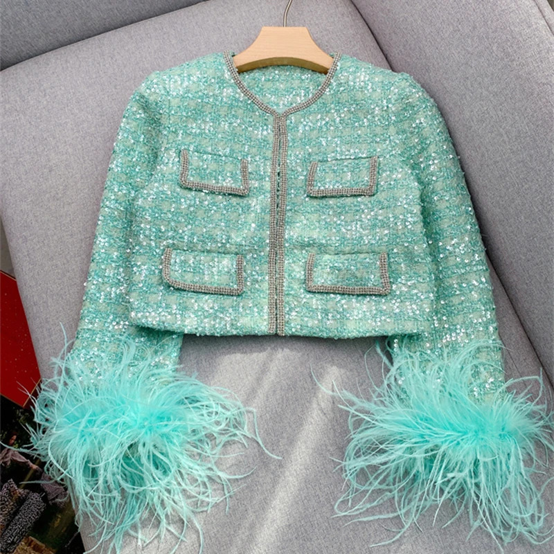 Arrive Sequins Women Tweed Coat Feather Spliced Full Sleeve Round Neck Lady Jacket With Pockets And Diamonds 241019