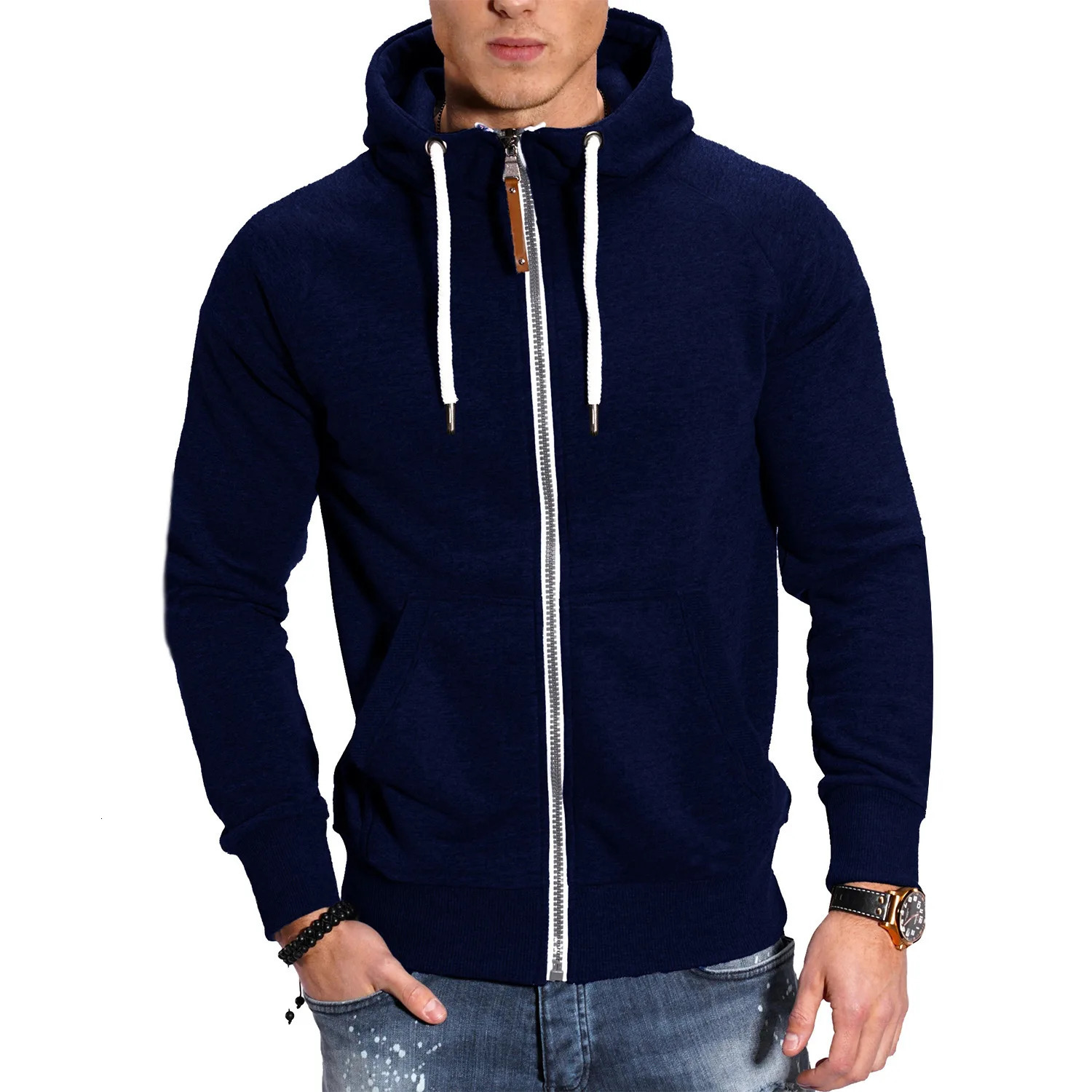 highquality mens zipper automatic long sleeved hooded casual clothing solid color sportswear 241010