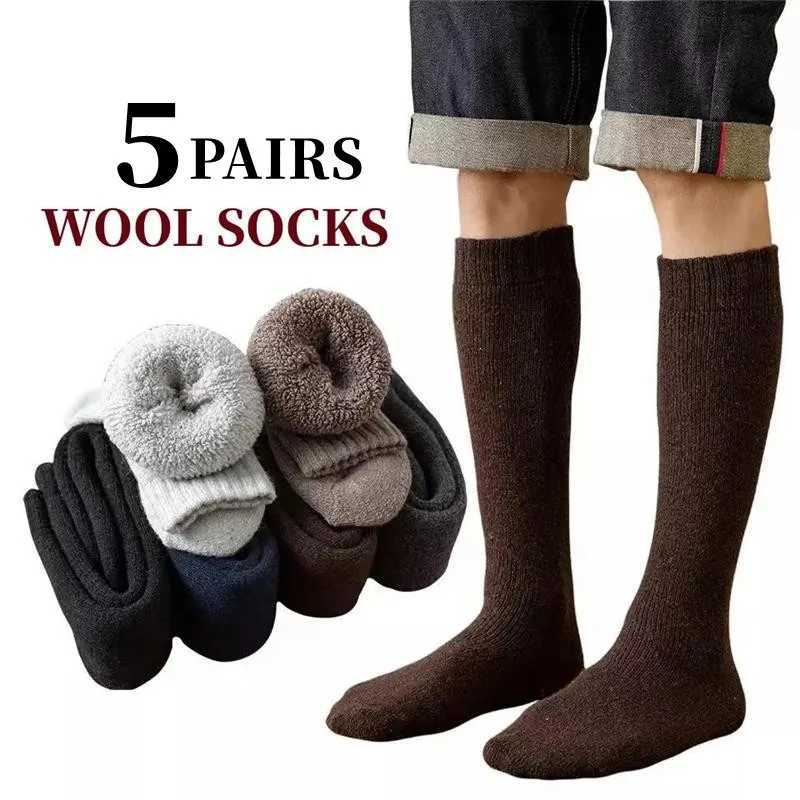 5pairs/Lot Winter Mens Wool Socks Knee High Socks Super Thick Warm Solid Color Soft Comfort Deodorant Snow Stockings EU38-46XJ241019