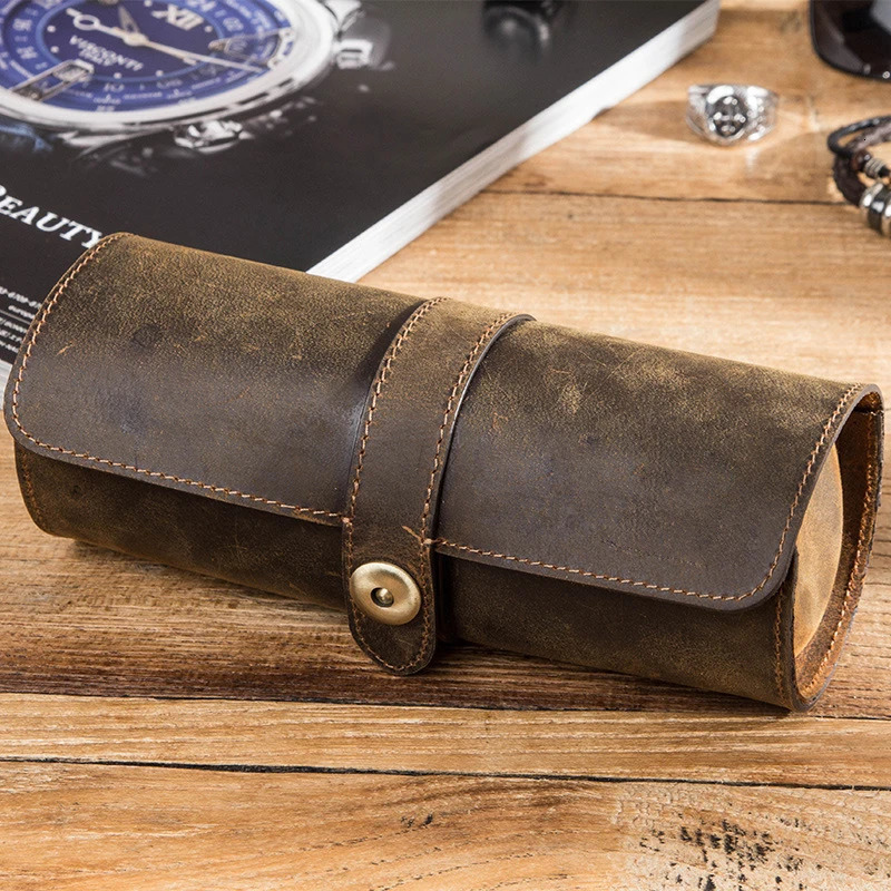 Leather 3-slot watch box handmade watch roll travel box wrist bag exquisite retro slider feed organizer 241018