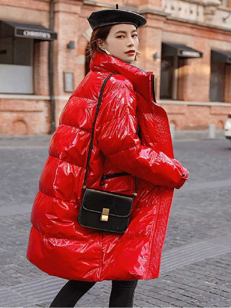 Women's Down Parkas Winter jacket shiny womens Parka down jacket cotton jacket red jacket windproof smooth womens T-shirt thick and loose waterpr