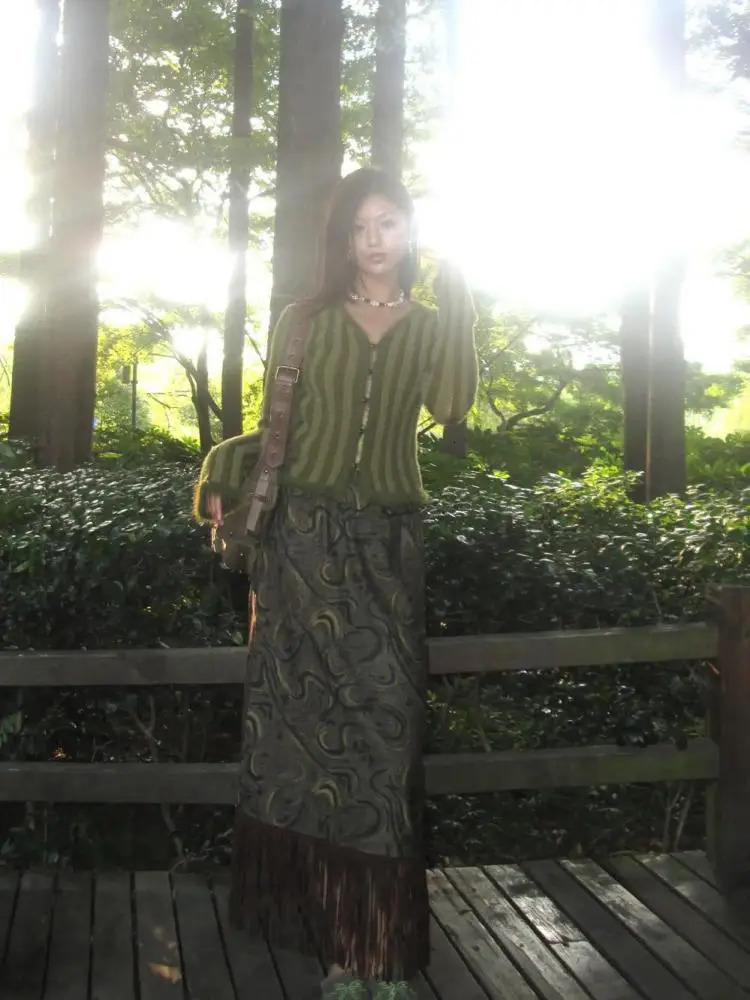 Tonngirls Green Vertical Striped Knitted Cardigan Women Slim V-neck Long Sleeve Y2k Vintage Cardigan Sweater Fariycore Top 2000s 241010