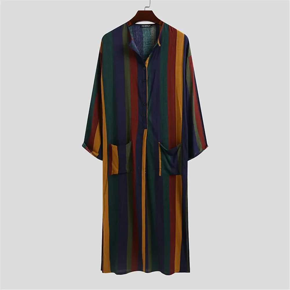 Men Sleep Robe Trendy Muslim Jubba Thobe Men Islam Kaftan Cotton Pakistan Saudi Arabia Djellaba Long Sleeve One-Piece Long DressXJ241018