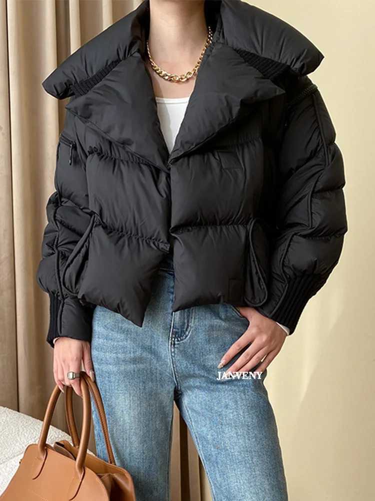 Women's Down Parkas Janveny 2024 New Winter Knitted Splicing Big Collar Magnetic Puff Bread Jacket Womens Detachable Slves Duck Short Coat Y24101