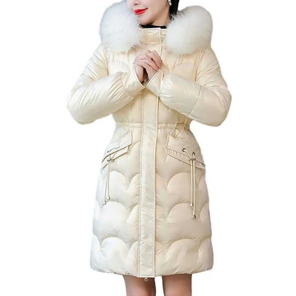 Women Winter Cotton Coat Thickened Padded Faux Fur Hood Winter Outerwear Smooth Slim Fit Windproof Mid Length Hooded Down CoatX241019