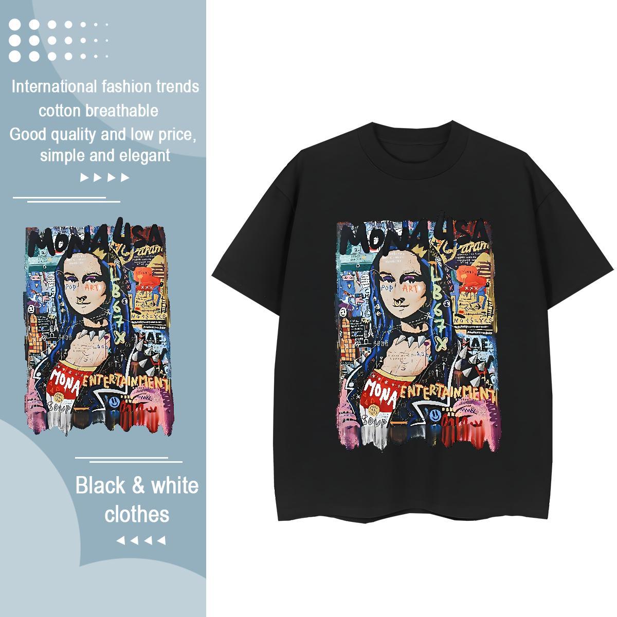 Fashion T Shirt For Woman 230g Cotton Crew Neck Breathable Casual Sport Mona Lisa Tshirt for Man Woman Loose Black White Polos