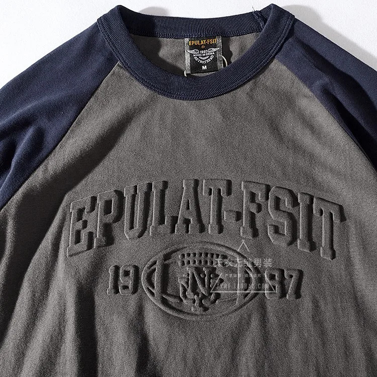 Autumn long sleeved O-neck 3D printed T-shirt mens fashion comparison splicing Raglan sleeves pure cotton washed old casual top 241019