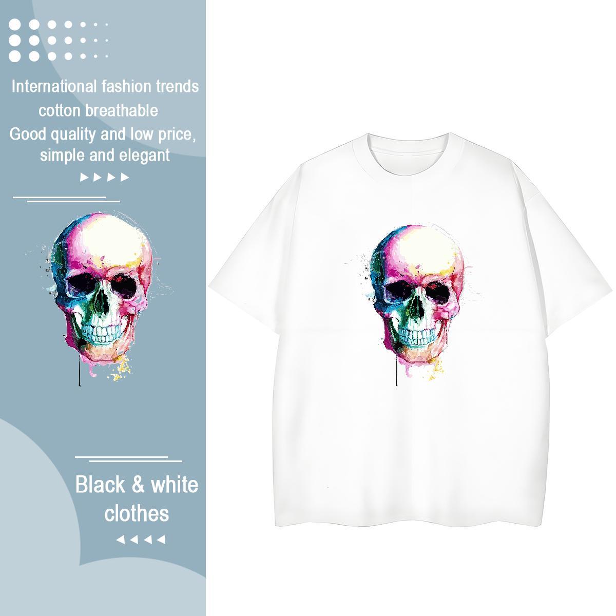 New Womens T Shirts 100% Cotton 230g Short sleeve Soft Daily Outfit skull Tshirt for Man Woman Popular Black Oversized Tops