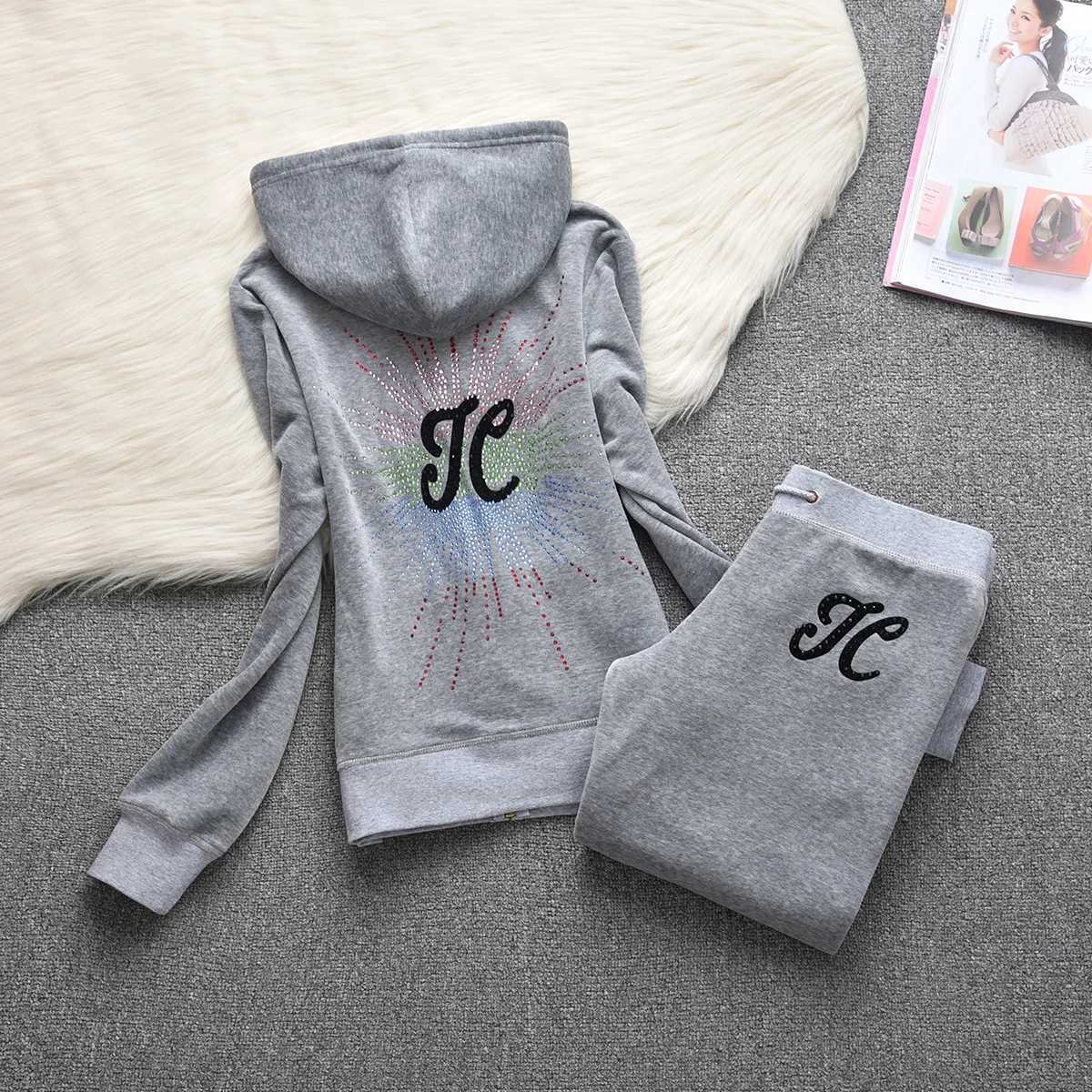 Womens Two Piece Pants Juicy comedy velvet track and field suit womens sports hoodie crystal decoration three directional pattern velvet set 2piece wi