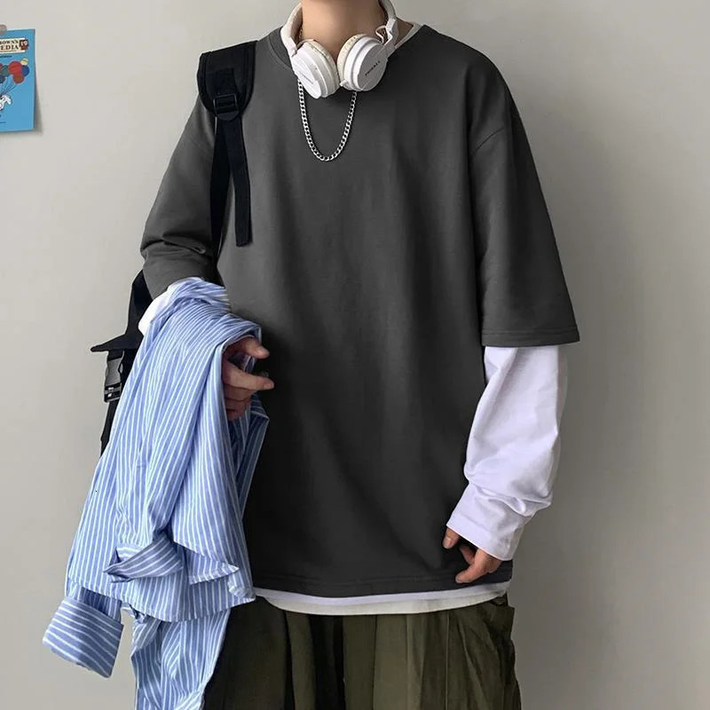 Autumn mens casual long sleeved T-shirt plus size sports shirt mens Korean fashion oversized T-shirt blue two-piece T-shirt 241018