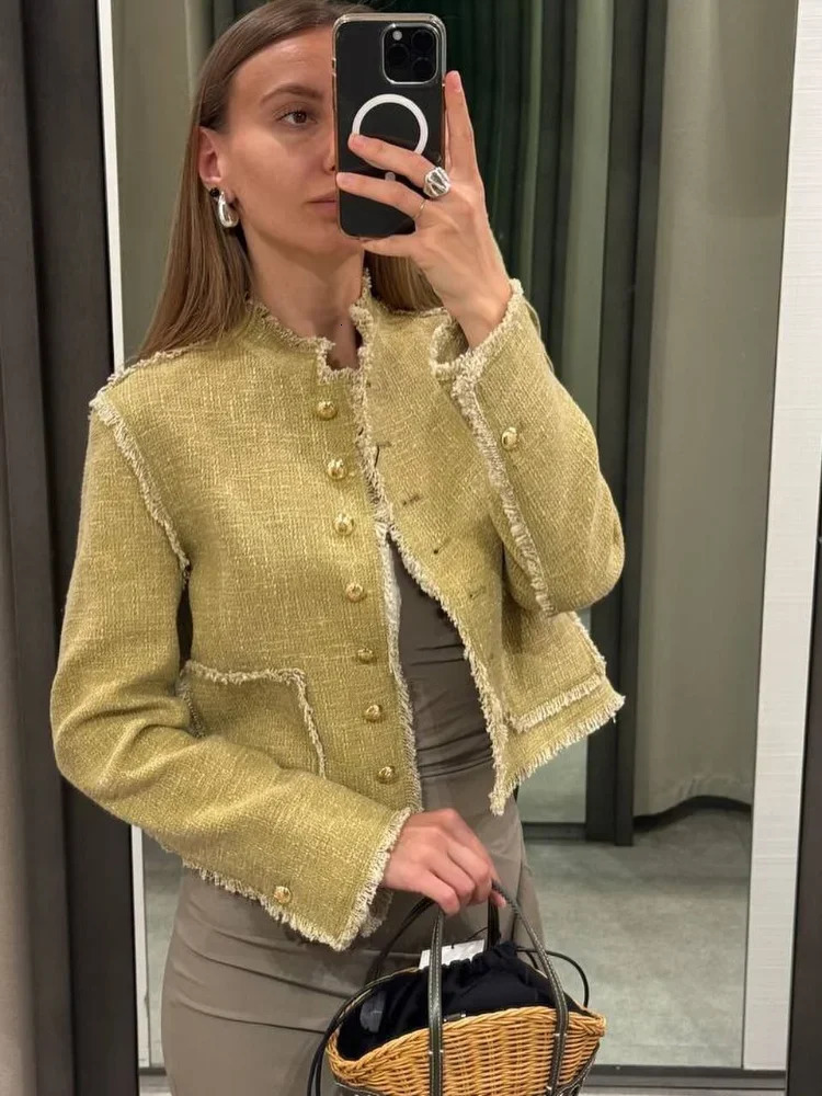 Elegant Furry Edge Women Coat Fashion Tweed Long Sleeve Single Breasted Jacket Spring Office Lady Double Pockets Jackets 241019