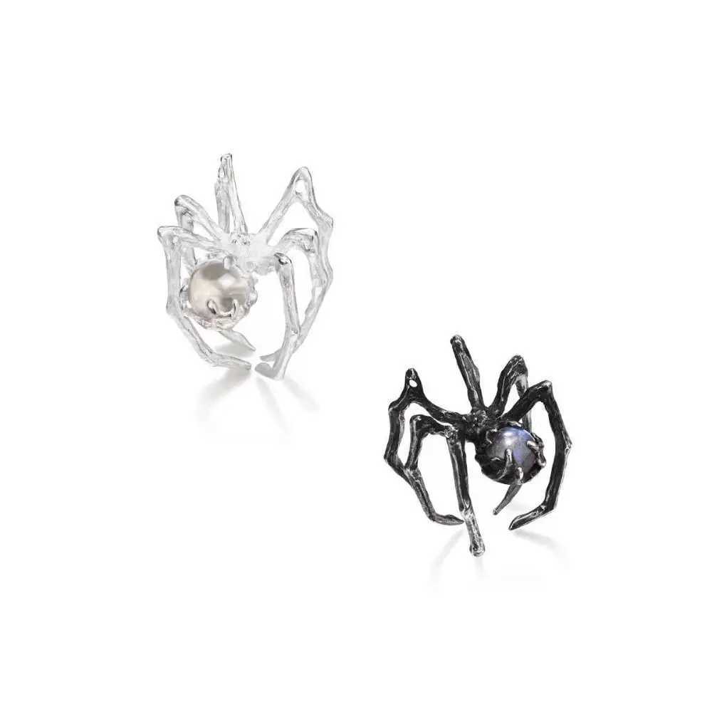 Neo Gothic Punk Black Spider Open Ring Retro Moonstone Black Ring Female Spider Finger Ring Jewelry Gift Y241019