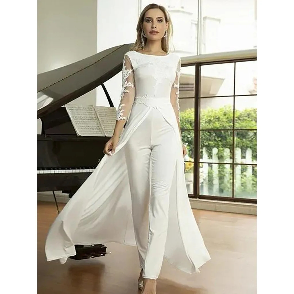 Ivory 3/4 Long Sleeves Bridal Jumpsuits Wedding Dresses With Overskirt Lace Appliques Scoop Neck Simple Elopement Jumpsuit 2025