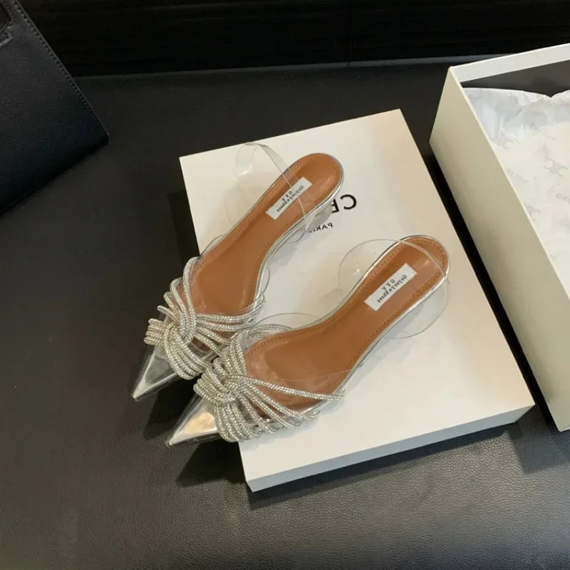 Comemore Sexy Pointed toe Womens Sgback Sandals 2024 Transparent Crystal Low Heels Elegant Simple Ladies Sier Dress Shoes 241019