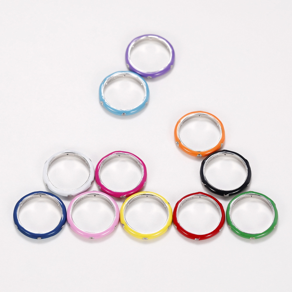 Ring enamel oil drop rainbow color single stone ring women's minimalist zircon ring candy color diamond ring exquisite gift