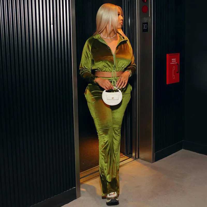 Women's Two Piece Pants Fashion Women 2 Piece Velvet Tracksuits Sets Zipper Drawstring Sweatshirts High Waist Straight Sweatpants Two Piece Outfi