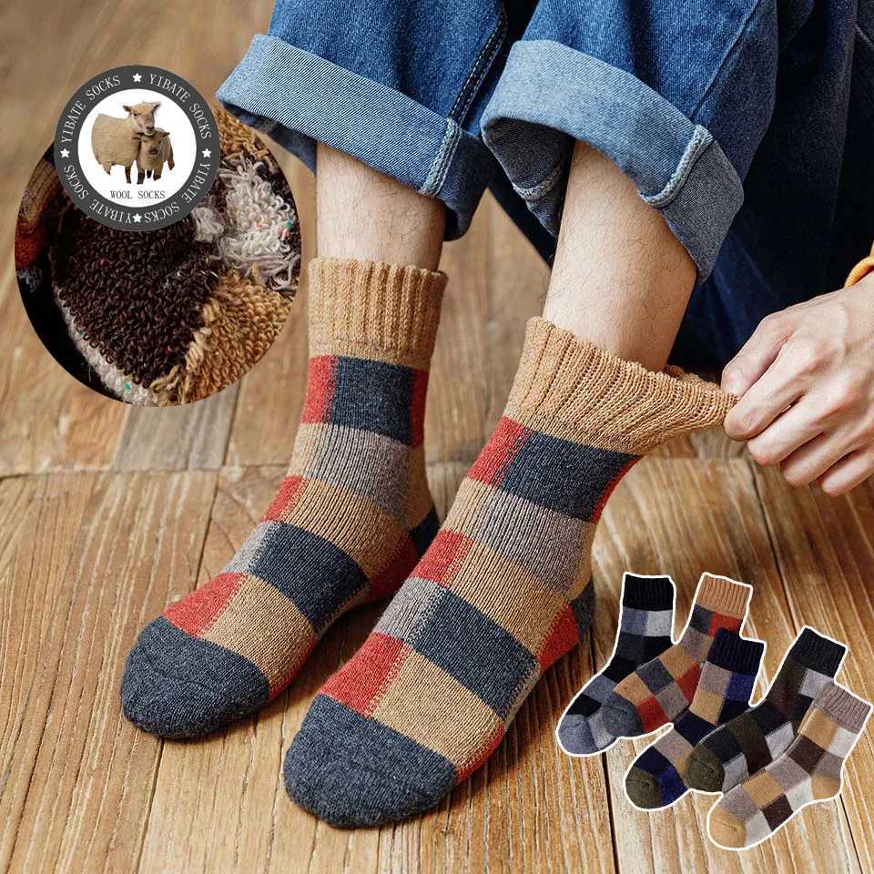 3 Pair Winter Mens Wool Socks Thick Warm Harajuku Retro Large Size Plaid Casual Cashmere Long Merino Socks MenXJ241019