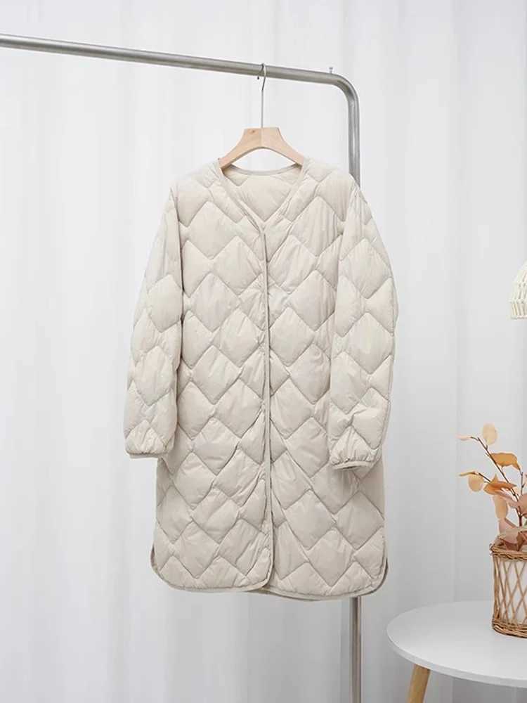0-10 Korean Style Women Winter Coats 2024 New Autumn Ultra Light Long Duck Down Jackets Collarless Windproof Puffer ParkasX241019