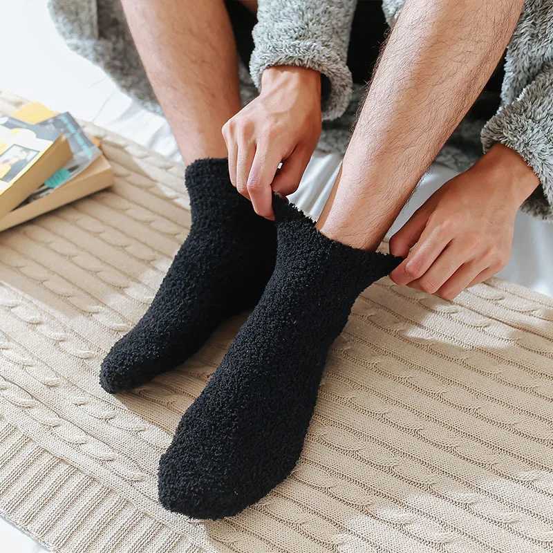 Winter Thick Wool Mens Socks Solid Color Coral Fleece Warm Socks High Quality Soft Fluffy Sock Against Cold Snow Sox Male SocksXJ241019