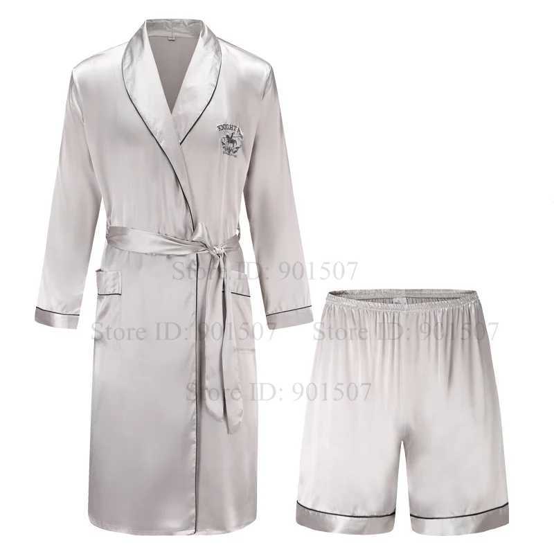 Men Homewear Leisure Sleeprobes Satin Robe Summer Spring Nightwear Male Casual Kimono Bathrobe Ice Silk Sleepwear NightgownXJ241018