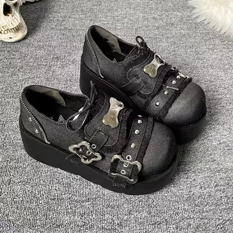 Punk metal chain block platform ankle boots for women 2024 winter Y2K thick soled denim boots for women Black Gothic Lolita shoes 241018