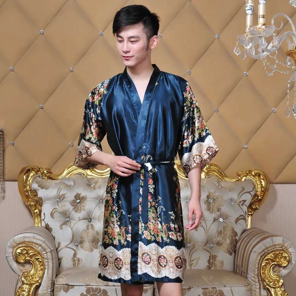 Men Kimono Bathrobe Chinese Style Robe Gown Print Flower Sleepwear Casual Nightwear Rayon Negligee Loose Intimate LingerieXJ241018