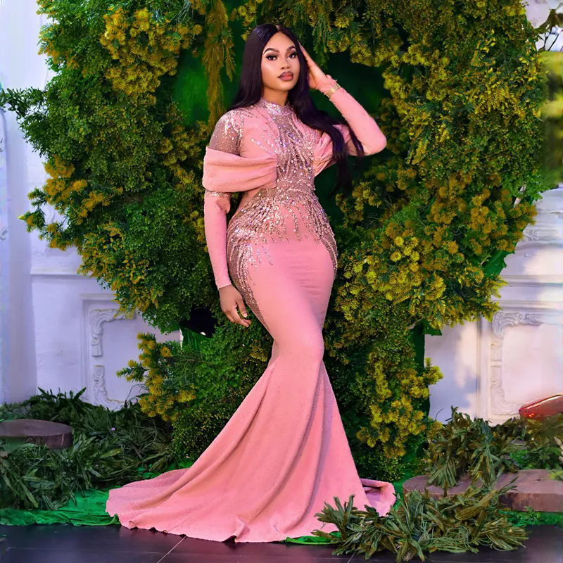 Gorgeous Pink Mermaid Prom Party Dresses 2025 Illusion Long Sleeves High Neck Lace Birthday Evening Gowns African
