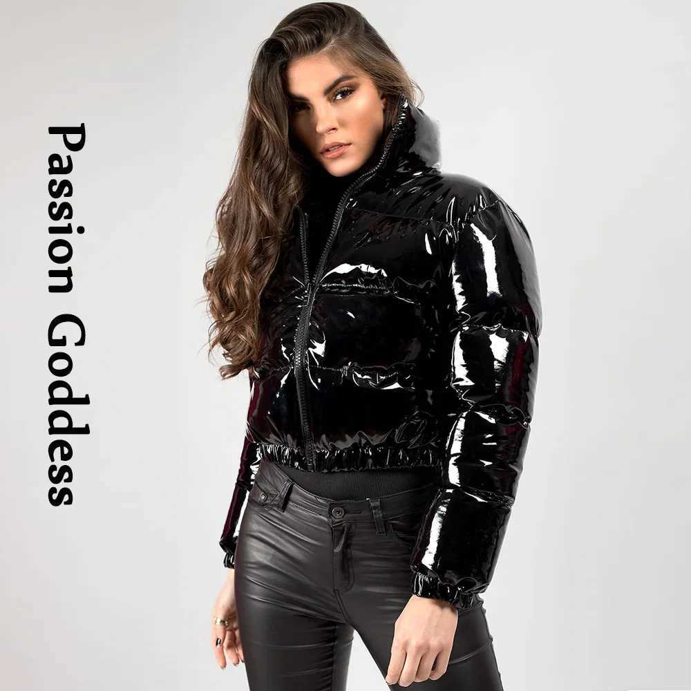 Women's Down Parkas Winter Women Shiny Leather Puffer Jacket Cropped Parka Down Warm Thick Bubble Coats Black PU Leather Parkas Loose Zipper Jack