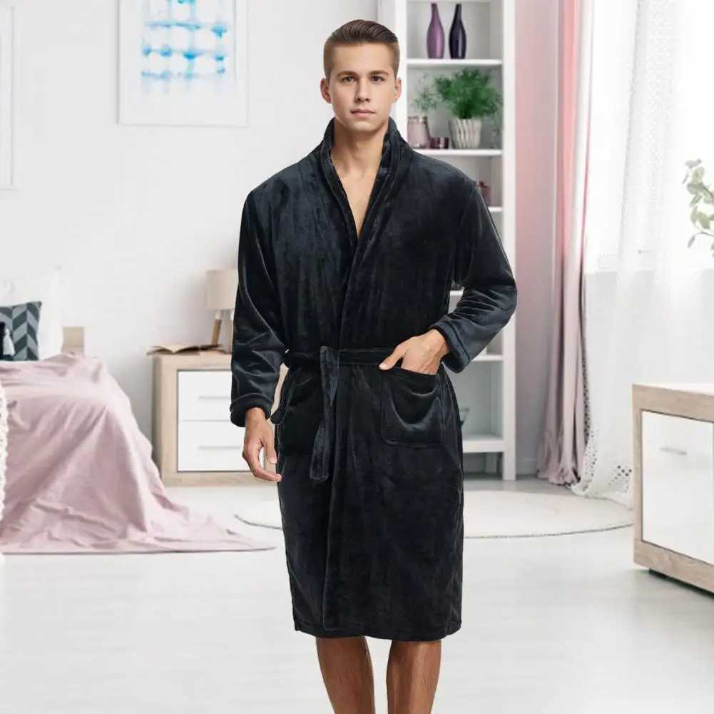 Knee-length Nightwear Cozy Flannel Nightgown with Pockets Lace-up Front for Men Knee-length Bathrobe Lounge for RelaxingXJ241018