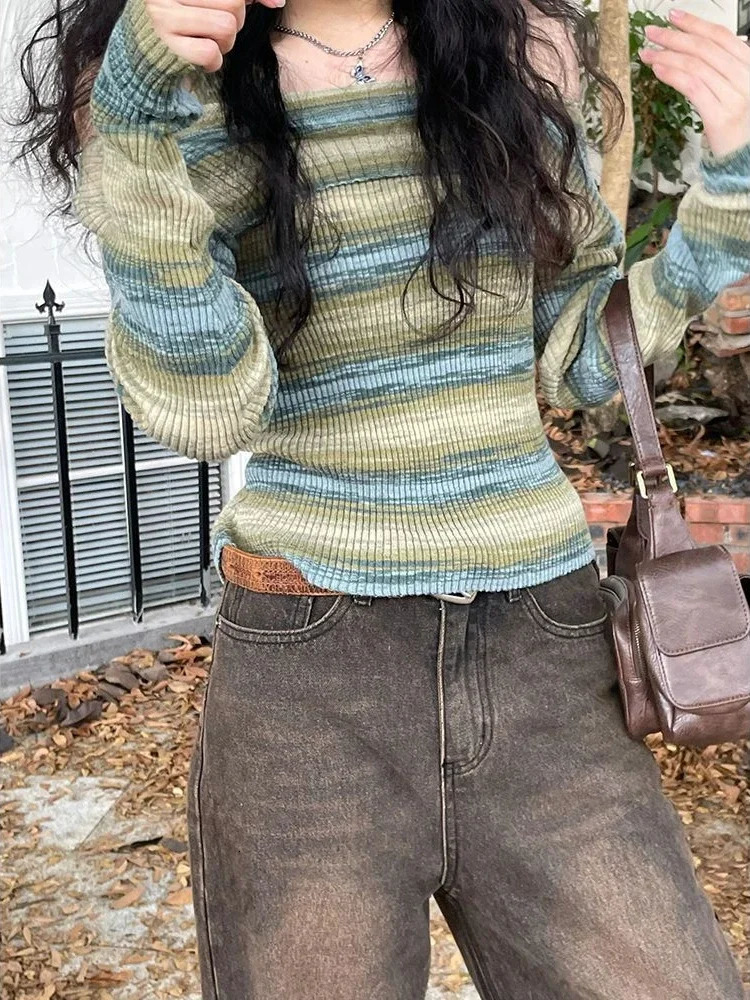 Deeptown Harajuku Off Shoulder Knitted Sweater Women Vintage Green Striped Jumper Fairycore Slim Two Piece Sets Y2K Tops 241010