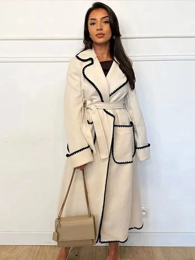 Vintage Striped Long Coat Women Elegant Belts Turndown Collar Pocket Coats 2024 Autumn Winter Chic Sleeve Female Outwear 241010