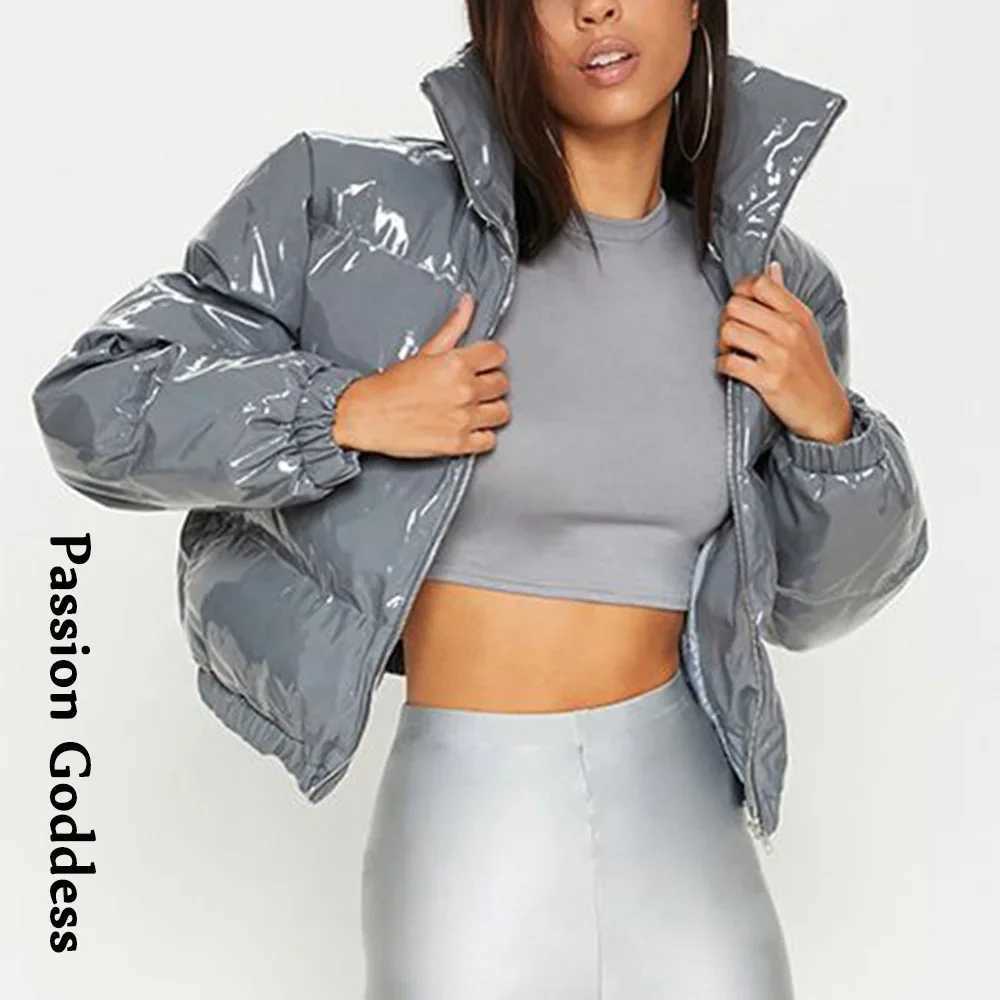 Women's Down Parkas Women Shiny Gray PU Leather Down Puffer Jackets Winter Glossy Leather Bubble Coats Thick Parkas Down Zipper Puffy Jacket Park