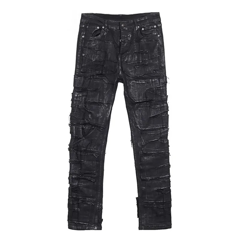 Dark Coating Wax Brushing Erosion Hole Jeans Men Ripped Casual Denim Pants Street Hip Hop Black Trousers 241010