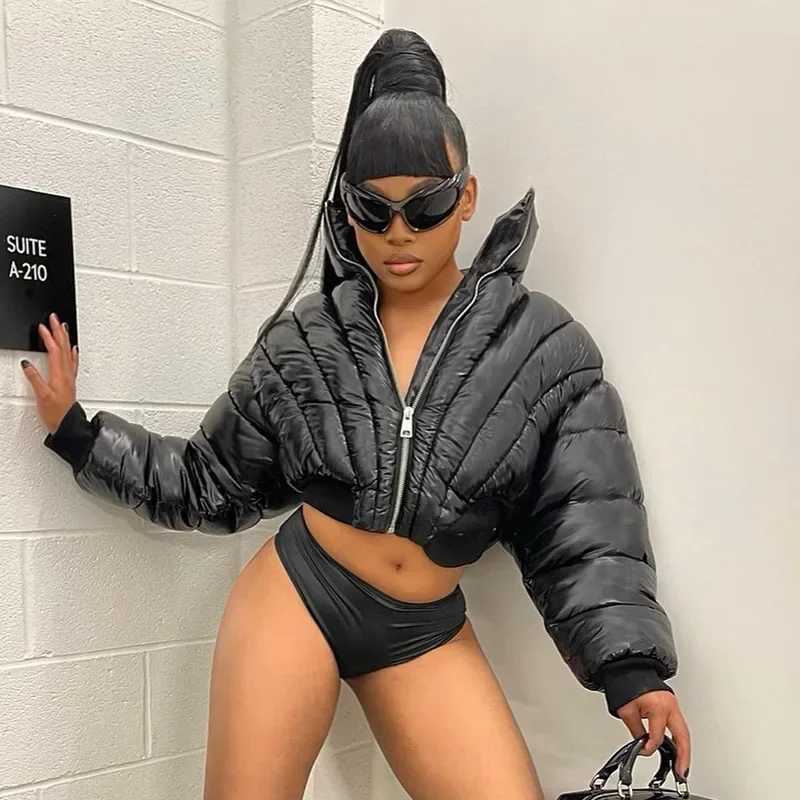 Women's Down Parkas 2024 Winter Cropped Puffer Jacket Womens Parka Patch Work Long Sleve Zipper Warm Short Coat Womens Bubble Quilted Coat Y24101