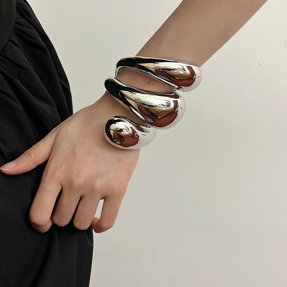 HUANZHI Retro Geometric Smooth Spiral Water Drop Opening Bracelet Metal Heavy duty Cuff Bracelet Womens Jewelry 2024 Edition 241018