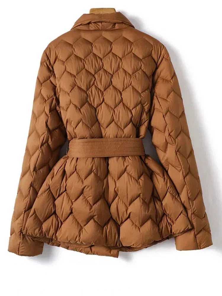 Winter New Lightweight Down Jacket with Belt Women Elegant Tie Belt Long Cotton White Parka Female Ladies Jackets CoatX241019