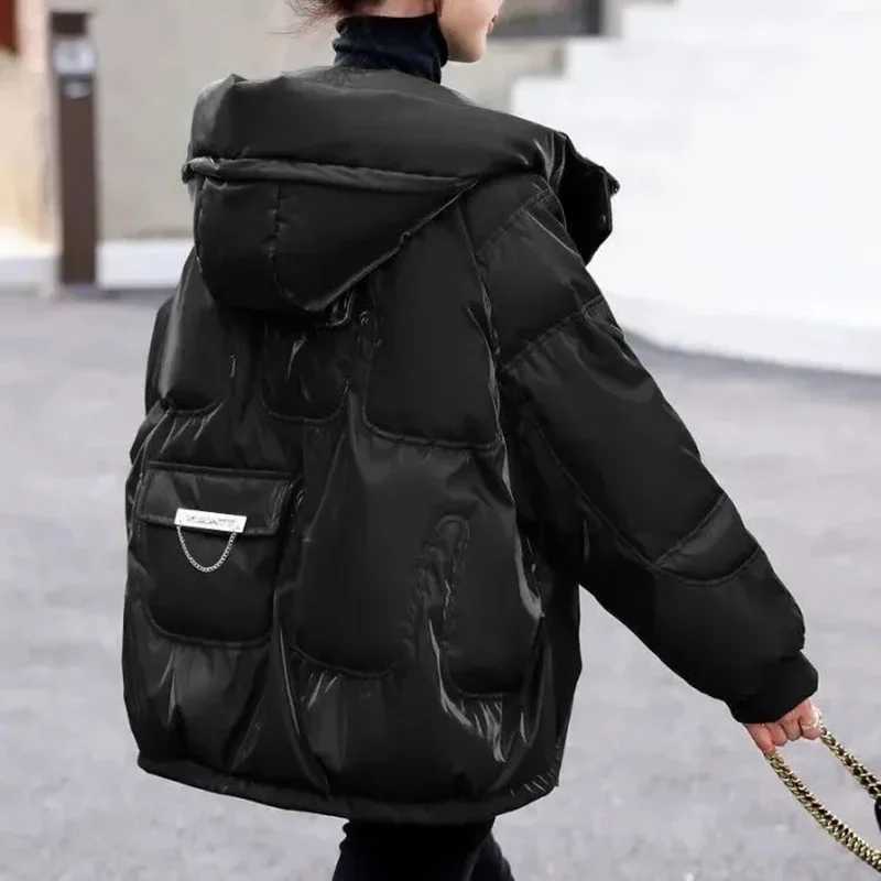 Winter New glossy Down Cotton Jacket Thick Warm Hooded Puffer Jacket Women Parka Oversized Korean Coat Black Red Green Blue topsX241019