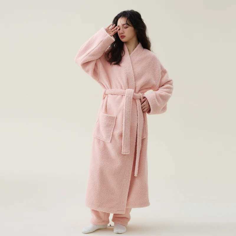 Autumn Winter New Couple Nightgown Coral Plush Plus Thick Plush Mens and Womens Extra Long Solid Causal BathrobeXJ241018