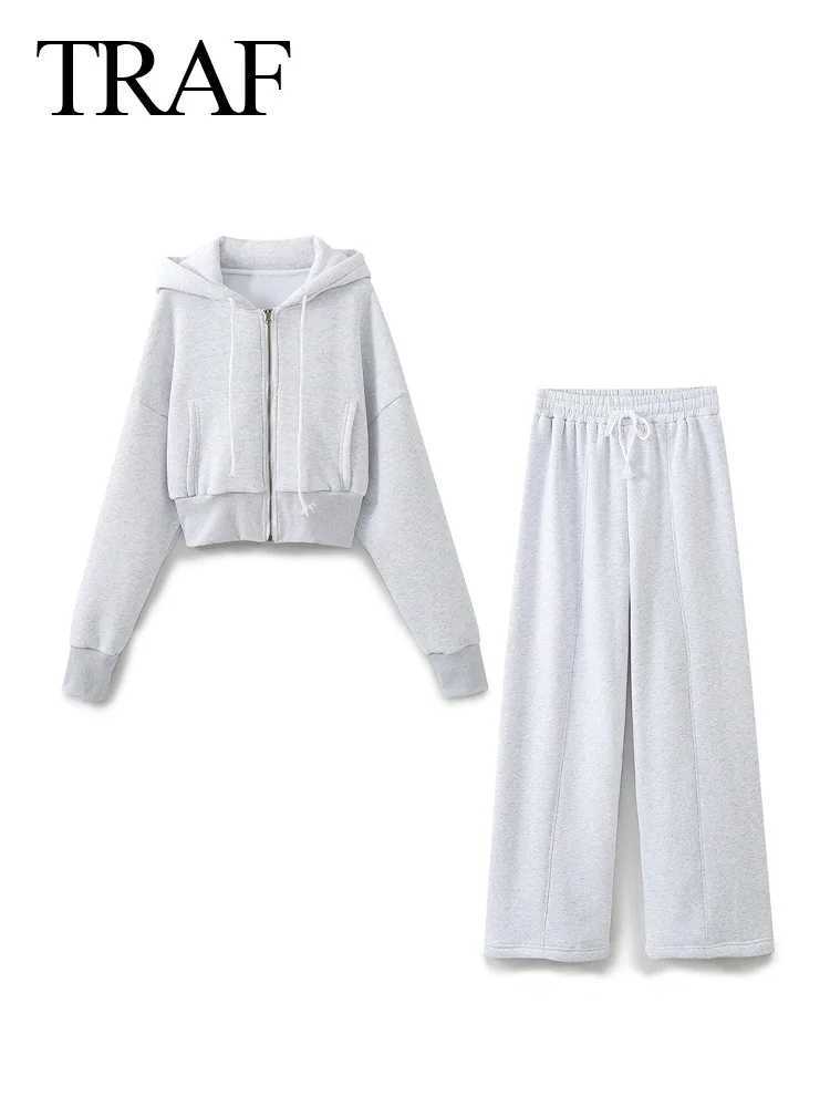 Women's Two Piece Pants TRAF 2024 Spring Womens Casual Hoodie Zipper Jacket+Elastic Waist Pocket Pants 2-piece Set Elegant Loose Solid Grey Pants