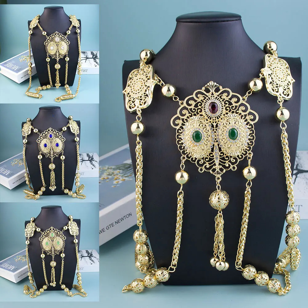Fashionable Algerian women shoulder chain Moroccan bride body jewelry gold Arabic wedding jewelry long necklace 241018