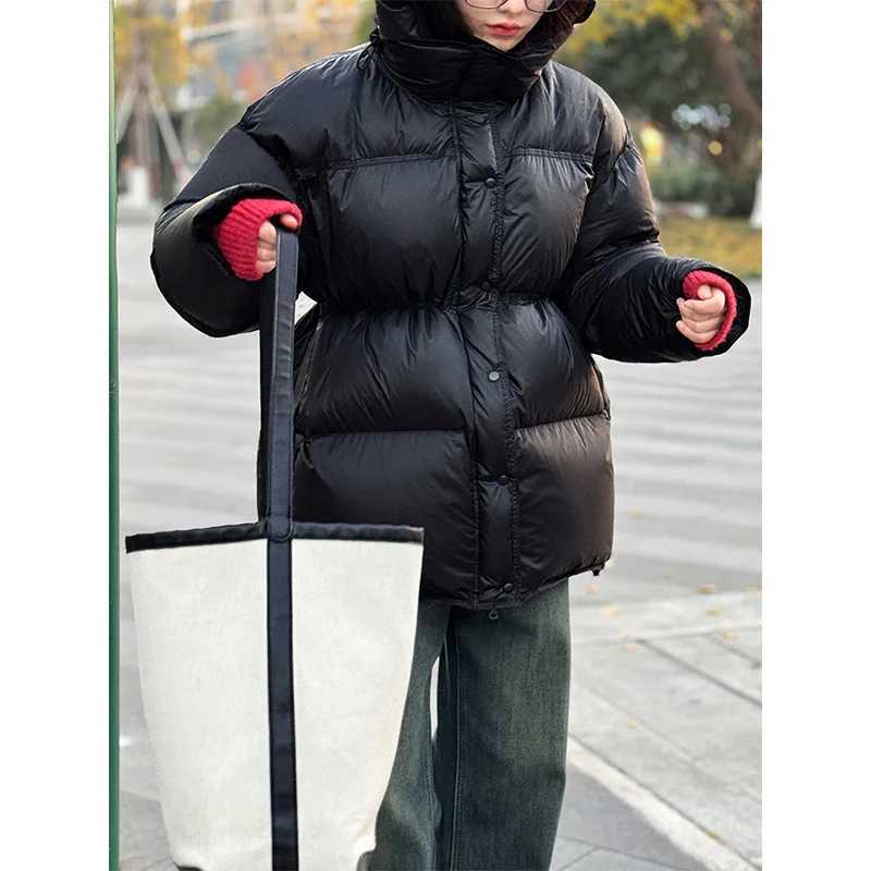 Hooded Down Jacket For Women Medium Length Gathered Waist Thickened And Soft 90% White Duck Down Puffer CoatX241019