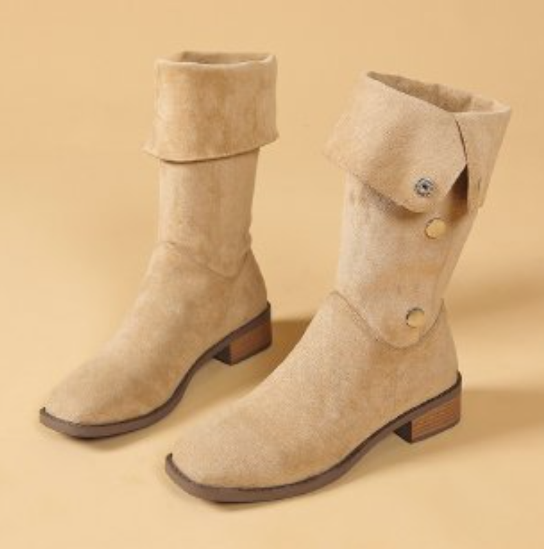 Chunky Heel Boots for Women: Trendy Plus-Size Footwear in Black and Beige bf3e