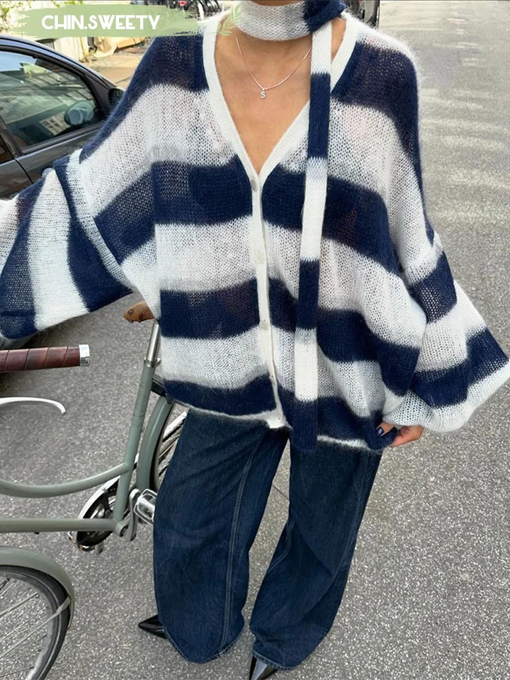 Black White Stripe With Scarf Knitted Cardigan Women Casual V Neck Long Lantern Sleeve Sweater 2024 Autumn Lady Elegant Knitwear 241009