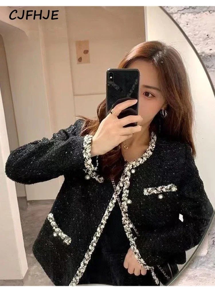 CJFHJE French Lady Small Fragrant Tweed Jacket Coat Womens Spring Autumn Korean Fashion Elegant Woolen Short Outerwear 241019