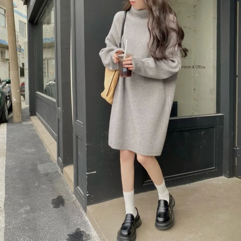 Turtleneck Warm Knitted Dress Women Autumn Winter Simplicity Solid Color Long Sleeve Midi Dress All-match Trend A-line Skirt 241010