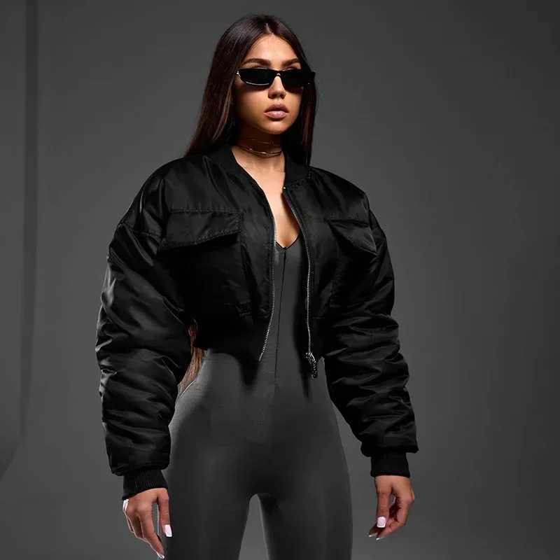 Women's Down Parkas Fashion Women Big Pockets Bomber Jacket Slim Waist Zipper Crop Jackets Outerwear Moto Biker Coats BF Punk Coats Jackets Autum