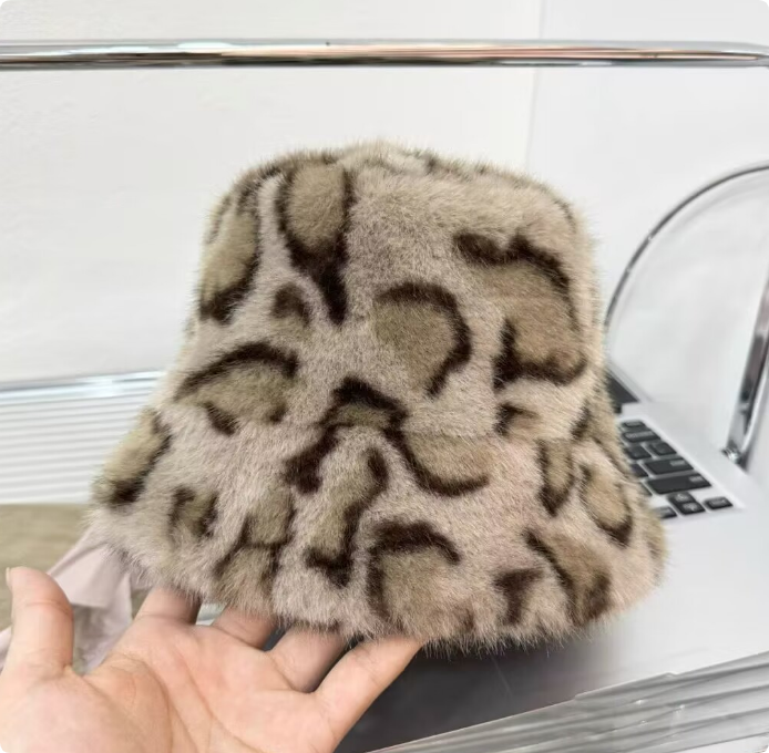 Winter Leopard Print Bucket Hat Wide Brim Hats Fashion Women Imitation Mink Wool Thick Warm Fluffy Basin Hat